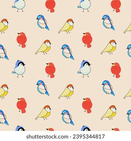 Hand drawn of Colorful cute birds, seamless pattern.
