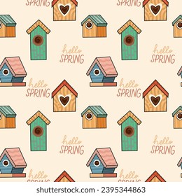 Hand drawn of Colorful cute birds houses, seamless pattern.