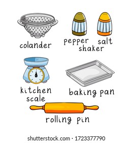 Hand drawn colorful cute cartoon vector illustration with names. Set of kitchen objects and tools as: colander, pepper and salt shaker, kitchen scale, baking pan, rolling pin.