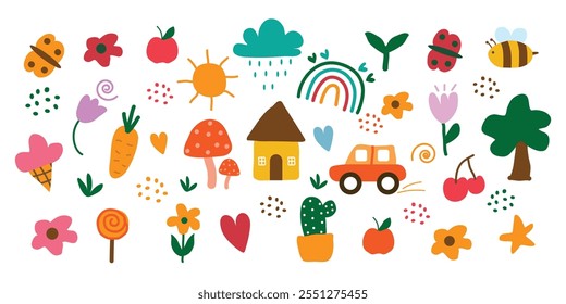 Hand Drawn Colorful Cute Doodle Art For Kids. Seamless Pattern Scribble Element, flower, sun, rainbow, cloud, mushroom, house, car. Creative Vector Art for Children.