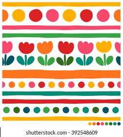 Hand drawn colorful cute flower, dot and line seamless vector pattern