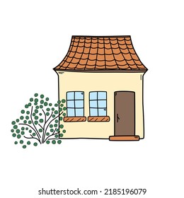 Hand drawn colorful cute house with tree doodle style, vector illustration isolated on white background. Tile roof, decorative design element, outdoor