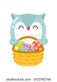 Hand drawn colorful cute little owl holding Easter basket with eggs. Flat vector illustration for post card, poster, sticker.