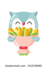 Hand drawn colorful cute little owl holding wrapped bouquet of yellow tulips. Flat vector illustration for post card, poster, valentine.