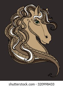 Hand drawn colorful decorative horse head illustration. Horse drawing with abstract doodle zentangle ornaments