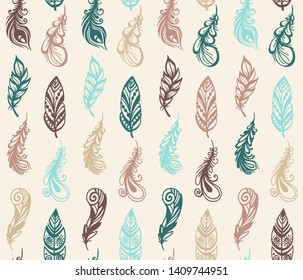 Hand drawn colorful decorative ornamental feathers in Boho style. Vector seamless pattern.