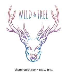 Hand drawn colorful deer and lettering sign wild and free. Vector isolated deer for prints stickers etc