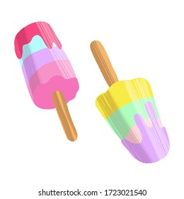 Hand drawn colorful delicious ice cream set. Collection Popsicle with different topping isolated on white background. Vector decorative illustration in modern flat style for web design or print.
