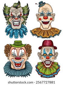 Hand drawn colorful design set of scary, crazy clowns with painted faces, red lips, funny hair for mascot, t-shirt, stickers, clipart isolated on white. Vector cartoon illustration