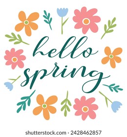 Handgezeichnete bunte Designs mit Hello Spring Text, Blumen. Vektor.