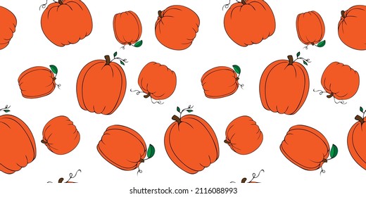 Hand Drawn Colorful Different Varieties of Pumpkins with Leaves Horizontal Pattern Isolated on White Background. Vector illustration of elegant pumpkins for fabric, cover, textile, kitchen supply.