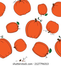 Hand Drawn Colorful Different Varieties of Pumpkins with Leaves Pattern Isolated on White Background. Vector illustration of elegant pumpkins for fabric, cover, textile, kitchen supply.