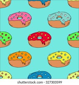 Hand Drawn Colorful Donut Pattern on Green Background - Hand Drawn Doodle Seamless Pattern - Hand Drawn Doodle Seamless Pattern - Vector Illustration