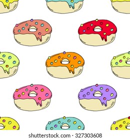 Hand Drawn Colorful Donut Pattern on White Background - Hand Drawn Doodle Seamless Pattern - Hand Drawn Doodle Seamless Pattern - Vector Illustration