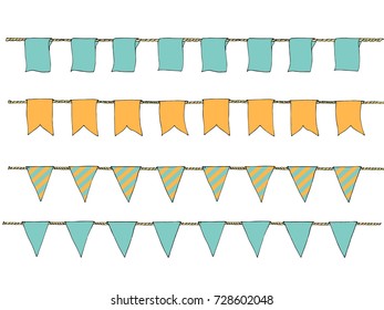 Hand drawn colorful doodle banners set for decoration. Bunting flags, border sketch. Decorative elements. Vector illustration.