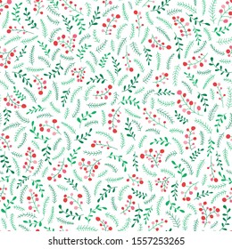 Hand Drawn Colorful Doodle Christmas Foliage, Red Holy Berries, Mistletoe, Fir Tree and Pine Branches on White Background Vector Seamless Pattern. Trendy Cute Festive Winter Holidays Print