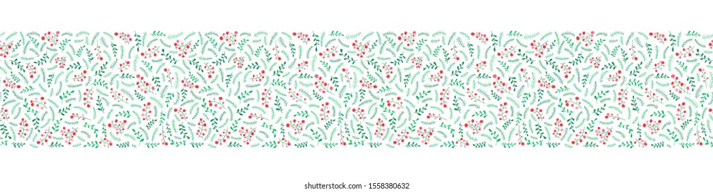 Hand Drawn Colorful Doodle Christmas Foliage, Red Holy Berries, Mistletoe, Fir Tree and Pine Branches on White Background Vector Seamless Pattern Horizontal Border. Trendy Cute Festive Winter Holidays