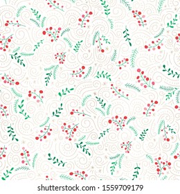 Hand Drawn Colorful Doodle Christmas Foliage, Red Holly Berries, Mistletoe, Fir Tree, Gold Swirls on White Background Vector Seamless Pattern. Trendy Cute Festive Winter Holidays Print