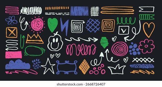 Elementos coloridos dibujados a mano del garabato en fondo oscuro. Conjunto de flechas de boceto, corazones, flores, estrellas, garabatos y Formas geométricas.