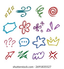 Handgezeichnete bunte Doodle Elemente Set. Symbole für Pfeile, Formen und Symbole