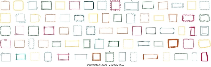  hand drawn colorful doodle frames, borders vector set. Drawing frames in form square and circle. Frame sketch for decoration. Vector illustration