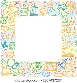 A hand drawn colorful doodle icon collage of exotic companion animals, reptile terrarium habitats, and pet training accessories forming a dense colorful square rectangular geometric frame.
