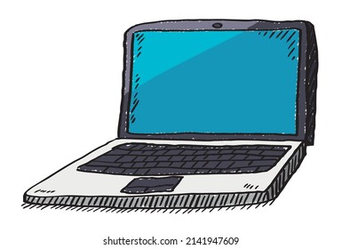 Hand drawn colorful doodle illustration of laptop on white background