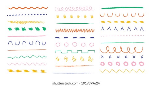 Hand drawn colorful doodle line set. Vector underline pencil strokes, cartoon abstract decorative frame dividers and ornament elements