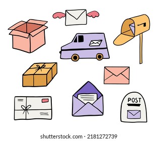 Hand drawn colorful doodle mail or delivery. Open mailbox with letter, mailbox and car. Set of postal elements