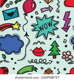 Hand drawn colorful doodle seamless pattern. Icons and drawings. Vector illustration. Light blue background.