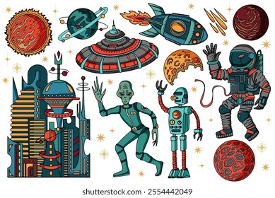 Hand drawn colorful doodle set with illustrations of retro future space planets and ships, rocket, spaceman, alien, robot and objects isolated on white, science fiction concept, stickers collection