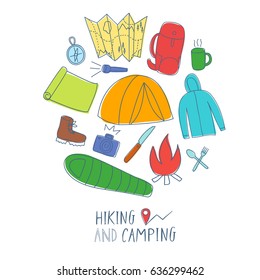 Hand drawn colorful doodle set of hiking and camping stuff. Traveling objects