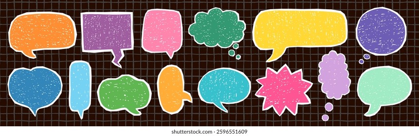 Hand drawn colorful doodle speech bubbles with texture, oval, star, rectangular and heart shaped, graphic design elements