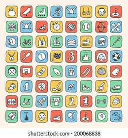 Hand drawn colorful doodle sport icons set. Vector illustration.