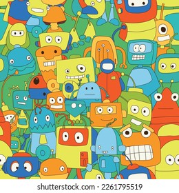 hand drawn colorful doodle style robot seamless pattern