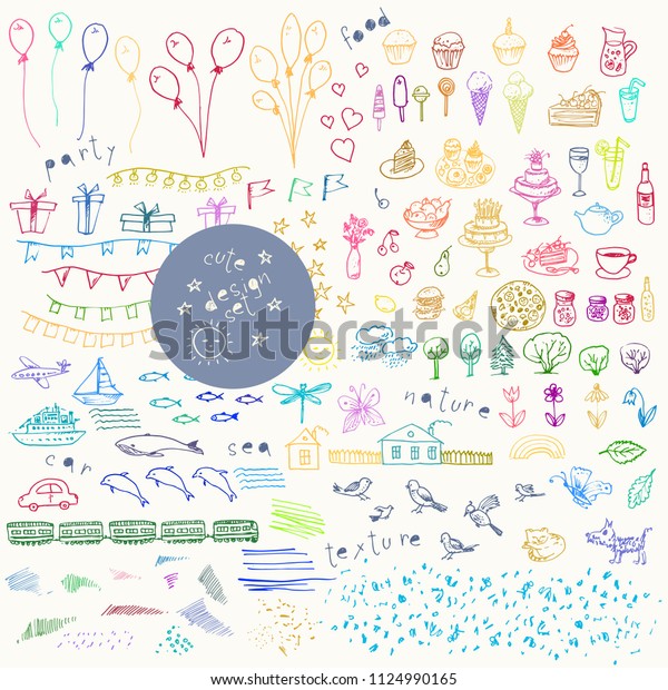 Hand drawn colorful doodle and textures set.
Design elements for party invitation or cute background. Food,
cake, cupcake, ice cream, tree, nature, balloon, present, flag,
bird, cat, car, train.