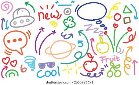 dibujado a mano colorido doodle Vector conjunto, amor, natural, estrella, nube, Clima, arco iris, flor, burbuja, corazón y colección de Vector de diseño creativo.