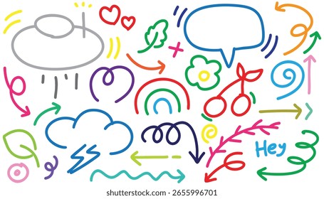 hand drawn colorful doodle vector set, love, Natural , star, cloud, weather, rainbow, flower, bubble, heart and creative design vector collection.
