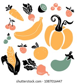 Hand drawn colorful doodle vegetables and fruits. Sketch style vector collection. Vegetables flat icons set: cucumber, carrot, radish, corn, pumpkin, orange, kiwi, banana, strawberry