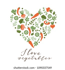Hand drawn colorful doodle vegetables  in the shape of a heart. Vegetarian meal. Vegetable love background. Healthy restaurant  menu.