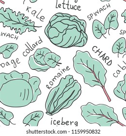 Hand drawn colorful doodle vegetables seamless pattern. Vegetables flat icons seamless pattern of leafy greens : kale, iceberg lettuce, romaine, spinach, cabbage, collard,