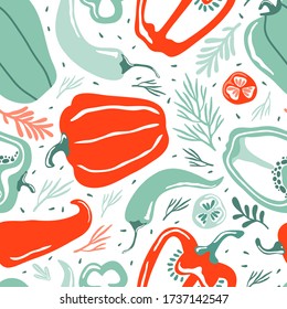 Hand drawn colorful doodle vegetables in organic style seamless pattern. Red and green pepper on a white background. Hot chili pepper. Natural ingredients for cooking salads and vegan healthy food