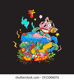 Hand Drawn Colorful Doodle-The Bathing Pig