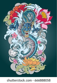 hand drawn colorful Dragon tattoo, coloring book japanese style