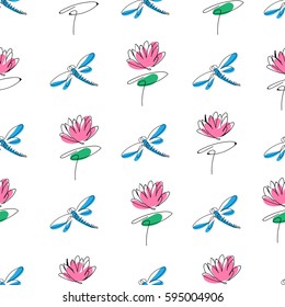 Hand drawn colorful dragonflies and flowers. Summer meadow collection. Beautiful design for your textile, paper, cards, web page background. Vector seamless pattern.