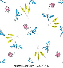 Hand drawn colorful dragonflies and flowers. Summer meadow collection. Beautiful design for your textile, paper, cards, web page background. Vector seamless pattern.