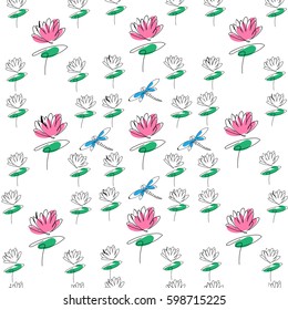 Hand drawn colorful dragonflies and flowers. Summer meadow collection. Beautiful design for your textile, paper, cards, web page background. Vector seamless pattern.