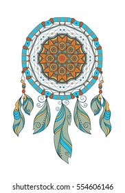 Hand drawn colorful dreamcatcher. Decorative boho style element for design. Native american ethnic tribal talisman. Card design. Vector art