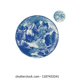 Hand drawn colorful Earth and Moon. Vector illustration in vintage style