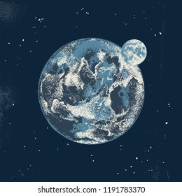 Hand drawn colorful Earth and Moon on dark night background. Vector illustration in vintage style